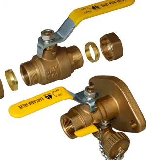 Two valves with yellow handles and a yellow handle.