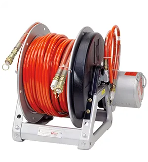 A hose reel with two hoses attached to it.