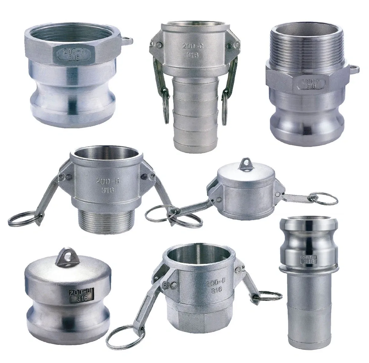 A variety of types and sizes of stainless steel couplings.